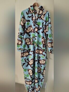 Forever Lazy Monkey Print One-piece Fleece Pajamas Adult M Oversized Long Hooded